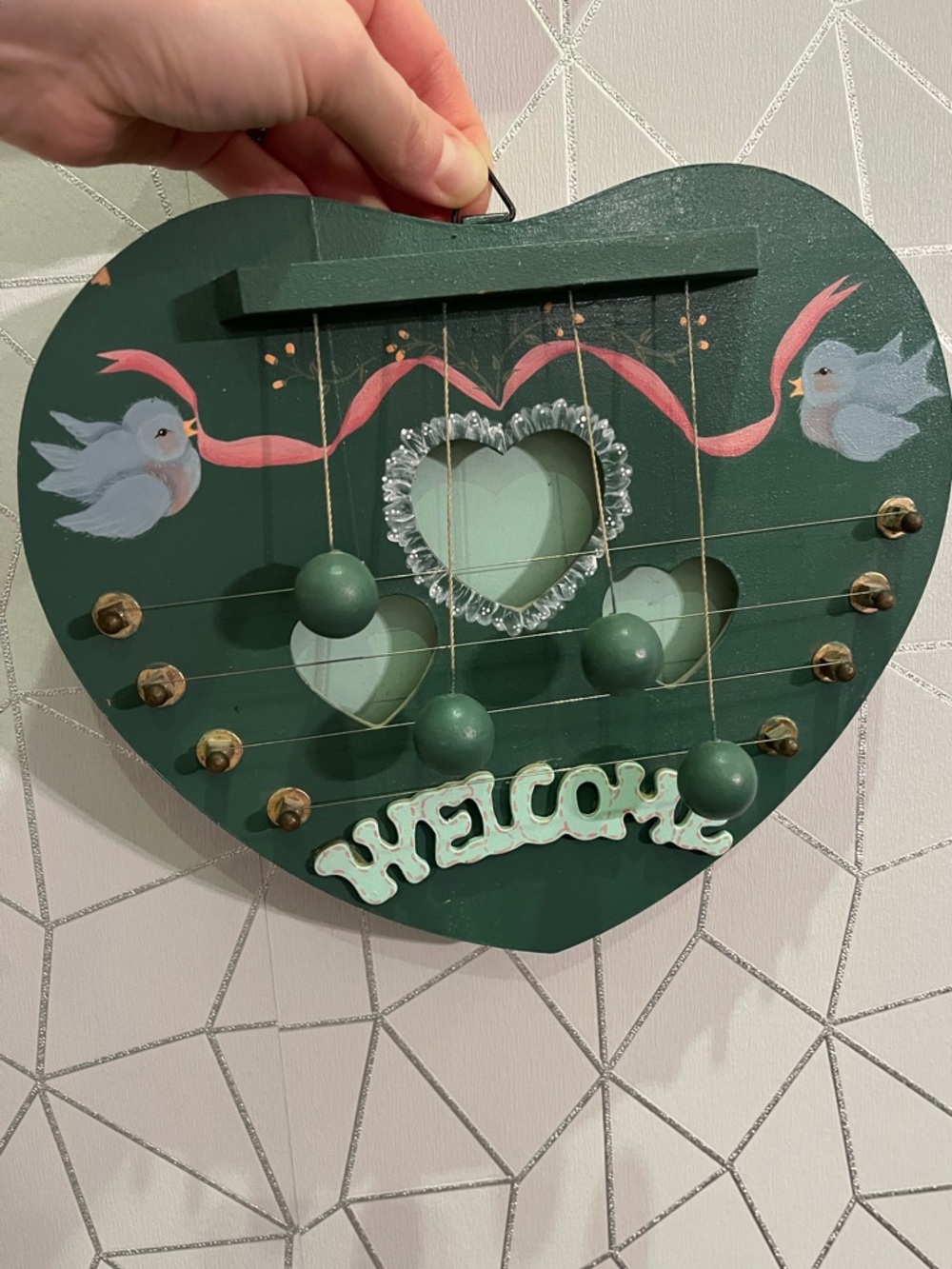 Wooden four string Harp green Hand-Painted blue birds hearts welcome Chime